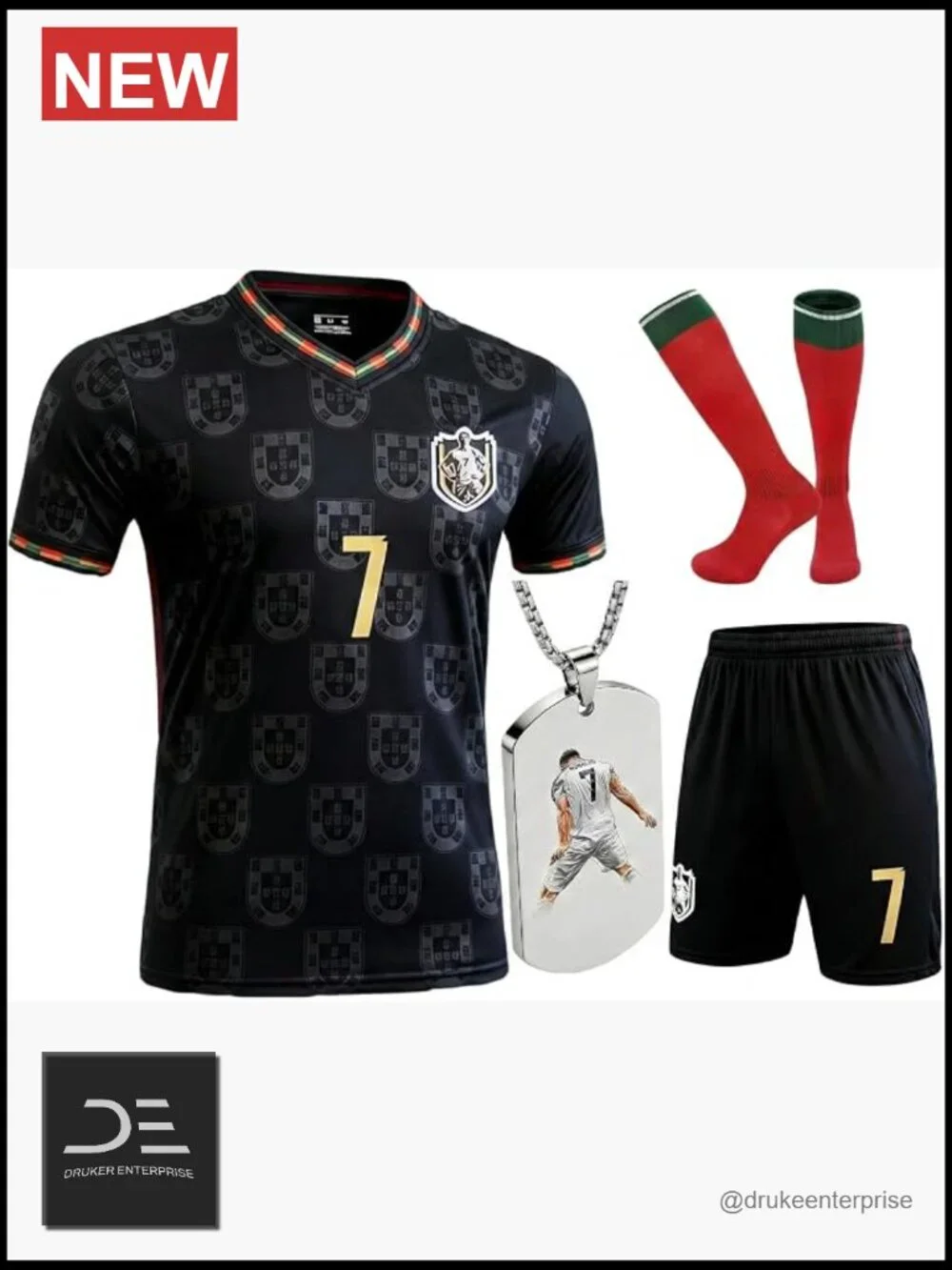 Kids Soccer Jersey Set with #7 Necklace - Uniform Shirt Shorts Socks